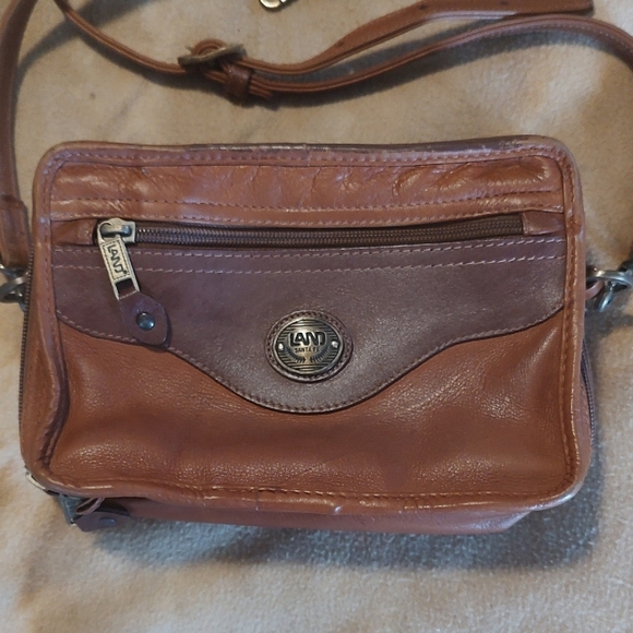 LAND Leather Crossbody Travel Hybrid Organizer Two Tone Brown 9" X 6" - Picture 1 of 13